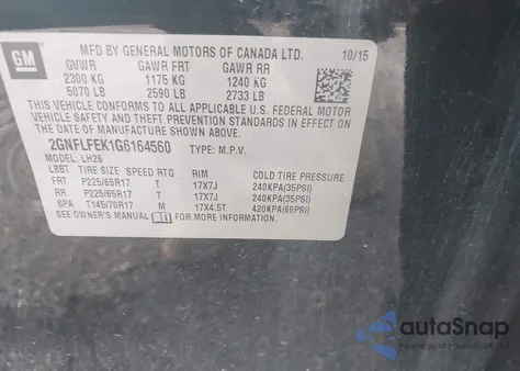 2016 Chevrolet Equinox Lt из США, поврежденный, VIN 2GNFLFEK1G6164560